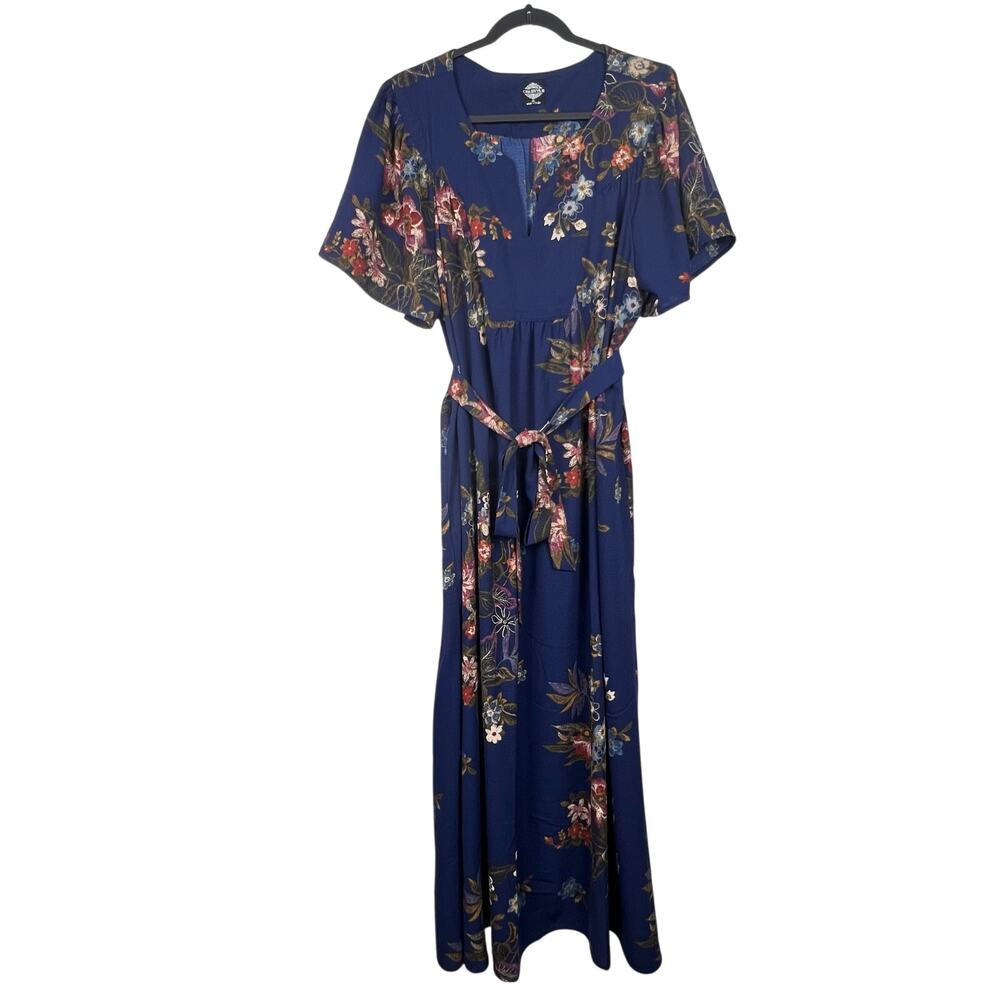 Calstyle Floral Belted Flowy Peasant Bohemian Asian Inspire Trendy Maxi Dress XL